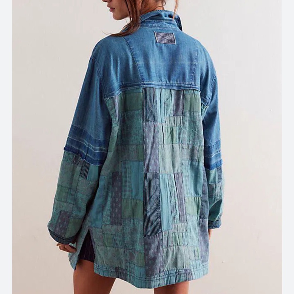 FREE PEOPLE We The Free Heritage Denim Patchwork Quilted Shirt Jacket Shacket - Picture 3 of 8